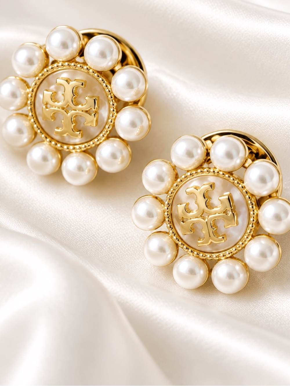 Tory Burch Gold Logo Pearl Cluster Stud Earrings